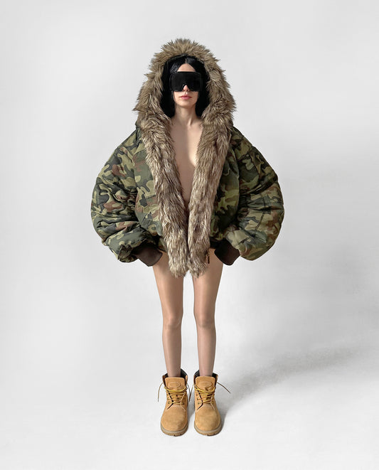 3R  UPCYCLED / DOUBLE HOODED CAMO BOMBER JACKET 1/1